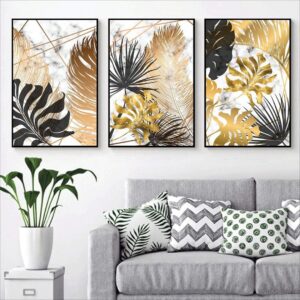 3pcs Black And Gold Leafs Design Stickytiles Frame Providing Elegant Artistic Pattern
