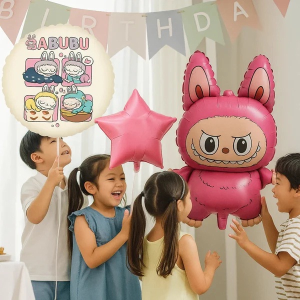Labubu Theme Foil Balloon Set – 5 Pcs Birthday Party Decoration Kit