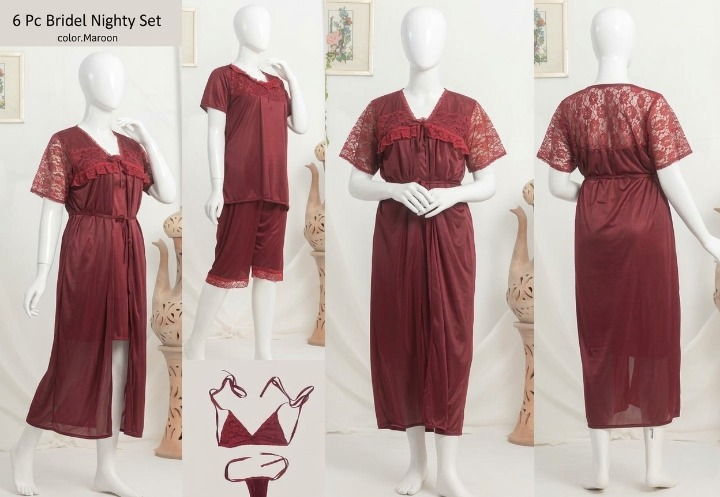 6 PCs Bridal Satin Nighty Set with Matching Thong & Bralette Free Size - Image 4