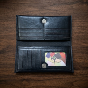 Premium Genuine Black Leather Long Wallet – Elegant Bi-Fold Business Clutch &