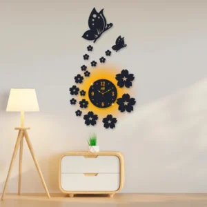 3d wall clock Wall Clock With Wooden Butterflies , Flowers with light