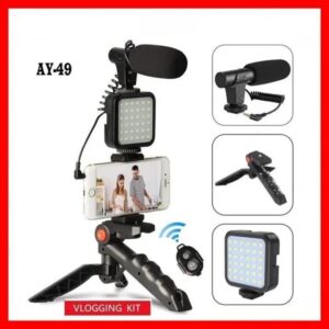 AY-49 Vlogger Kit Microphone, LED Fill Light, Mini Tripod & Mobile Holder