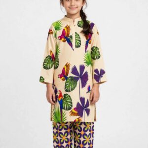 Girls Beige Printed Stitched Co Ord Set