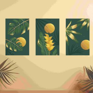 Set Of 3, Abstract Sun Leaf wall Art Photo Canvas wooden Tile Frame