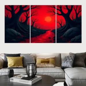 Set of 3 Surreal Red Landscape Wall Art Frames – 8x11" MDF Wood