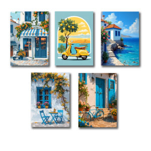 Set of 5 Italian Vintage Homes Art Themed Wall Art Wooden Sticky