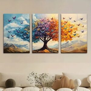 3 Piece Tree & Butterfly Wall Art – Wooden Sticky Tile Frames
