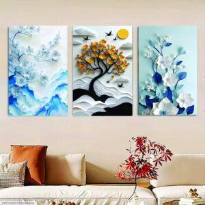 3-piece wooden wall art set featuring vibrant floral and tree motifs. Perfect
