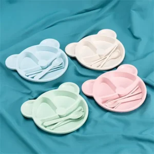 5 Pcs Bear Plate Set - Cartoon compartment dinner plate Includes Divided