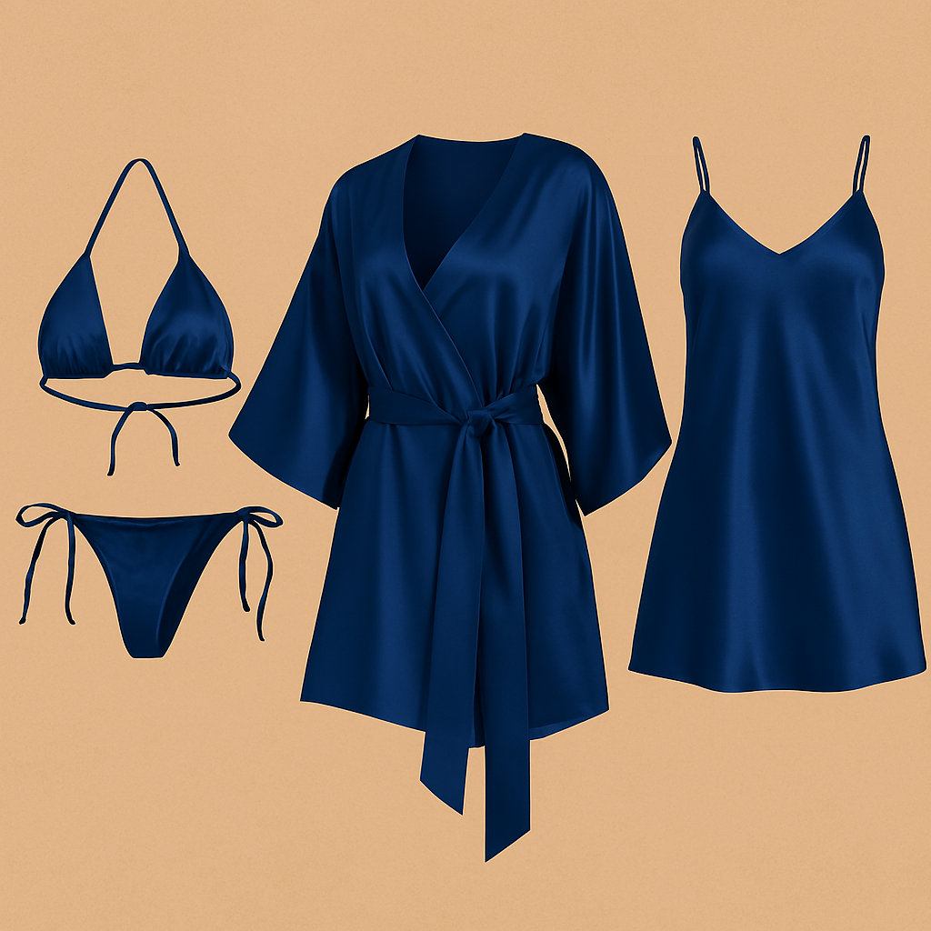 4 PCs-Style Satin Lingerie Set – Bikini, Slip Dress & Robe Combo