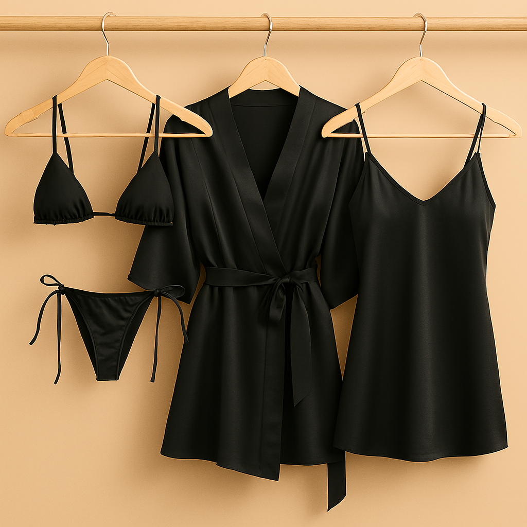 4 PCs-Style Satin Lingerie Set – Bikini, Slip Dress & Robe Combo - Image 3