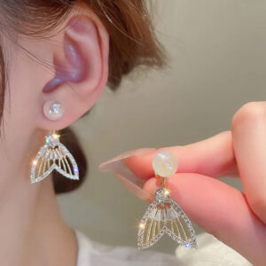 Golden Fishtail Luxury Sparkling Crystal Rhinestones Pearl Earrings