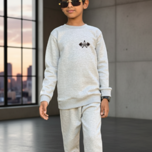 Grey Printed Fleece Winter Kids Tracksuit Warm Sweatshirt & Trouser Set