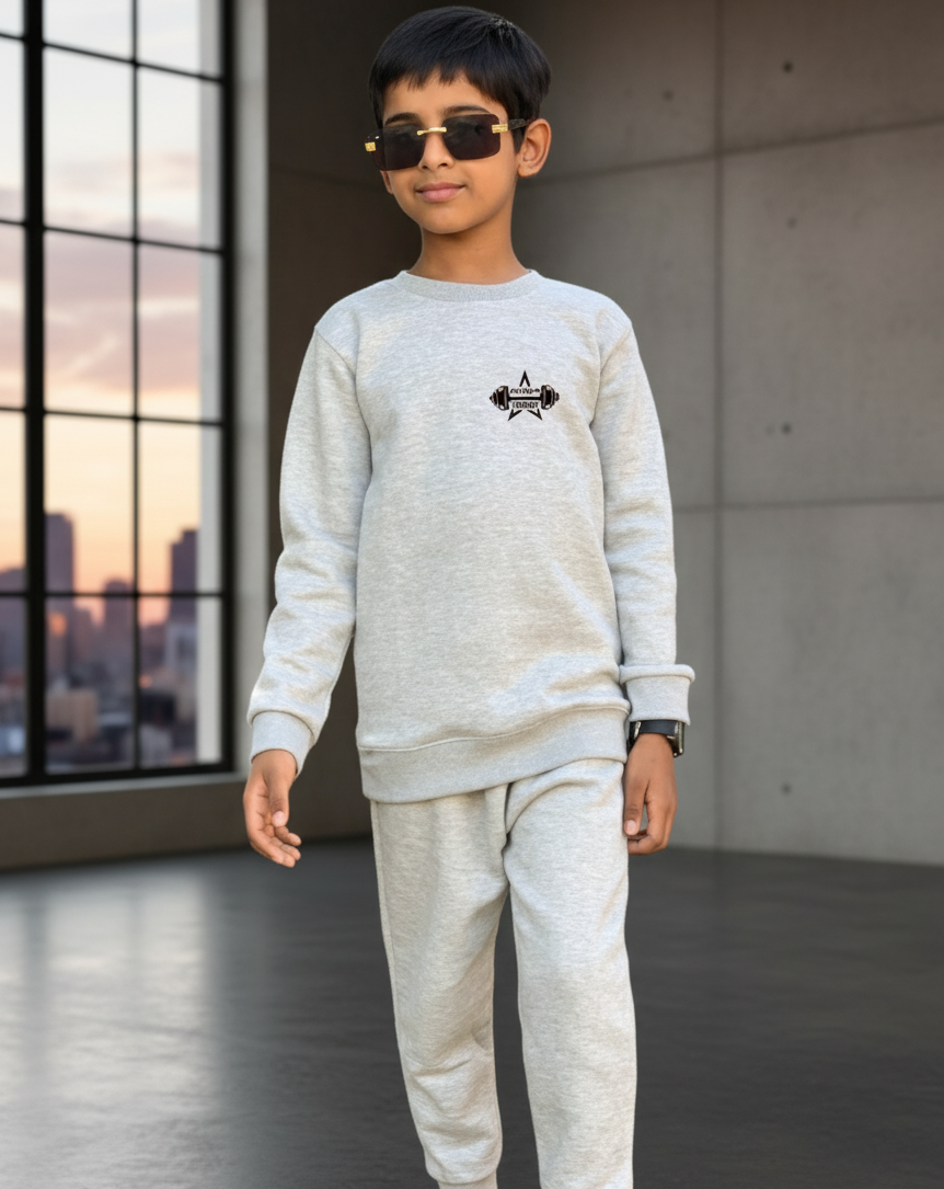 Grey Printed Fleece Winter Kids Tracksuit Warm Sweatshirt & Trouser Set