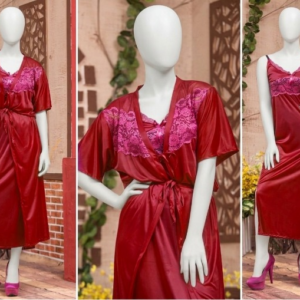 2 Pcs Luxury Satin & Lace Robe Nighty Set – Sensual Silk Gown
