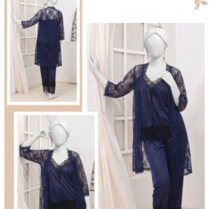 3 Pcs Premium Silk & Net Black Lace Women's Sleepwear Set Top