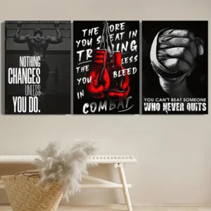 3-Piece Sports Wall Décor – Boxing Motivational Quote Prints, Athletic Black &