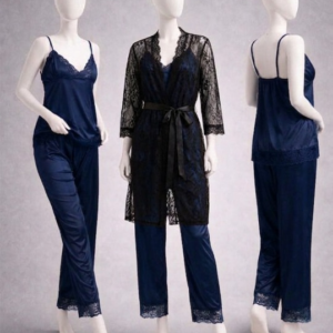 Elegant 3-Piece Women's Nightwear Set – Silk Cami, Pyjamas & Lace Robe