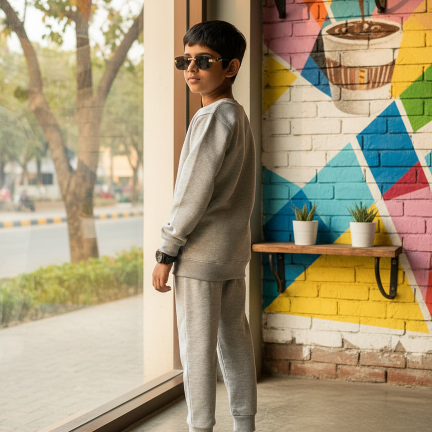 Grey Printed Fleece Winter Kids Tracksuit Warm Sweatshirt & Trouser Set - Image 2