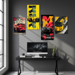 Set of 4 Stylized Automotive Canvas Prints Wooden Sticky Wall Tiles 8x16"