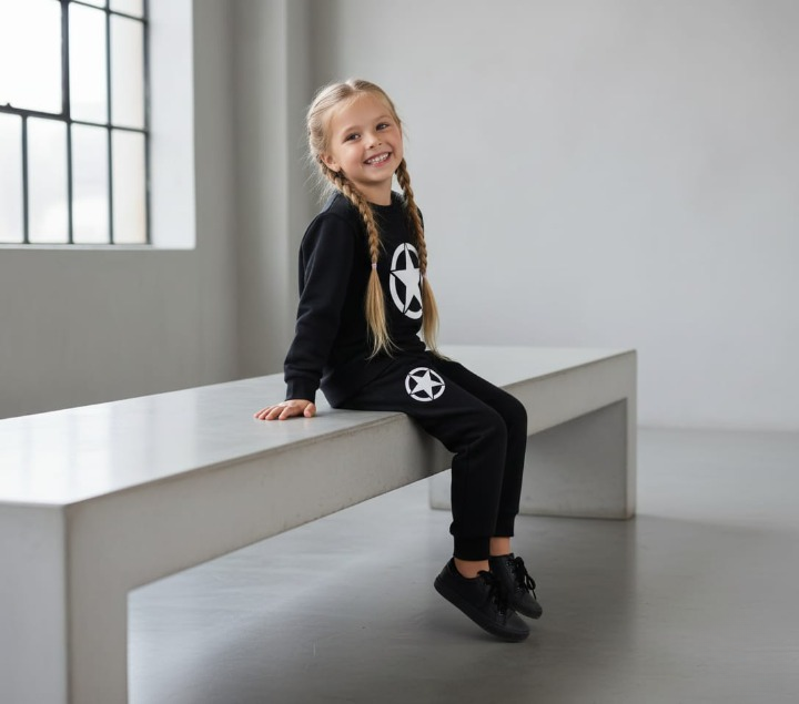 Kids Star Printed Black & Black Tracksuit Set Winter Fleece Sweatshirt &