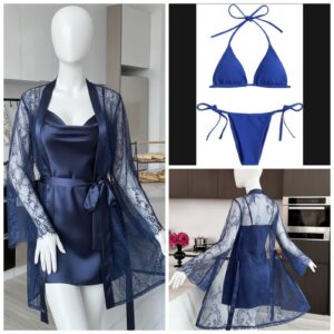 4 Piece Women’s Transparent Net Gown Set – Soft Lace Robe
