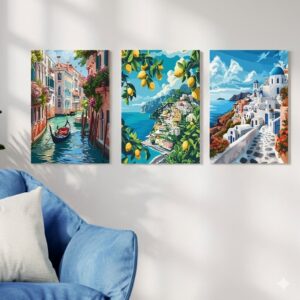 3Pcs Scenic Canvas Wall Art Italian & Greek Landscape Paintings